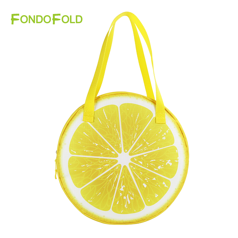 Round Lemon Slice Cooler Bag Cute Fruit Shaped Portable Insulated Lunch Tote Thermal Food Storage Bag for Beach Picnic Gift Bulk Supply